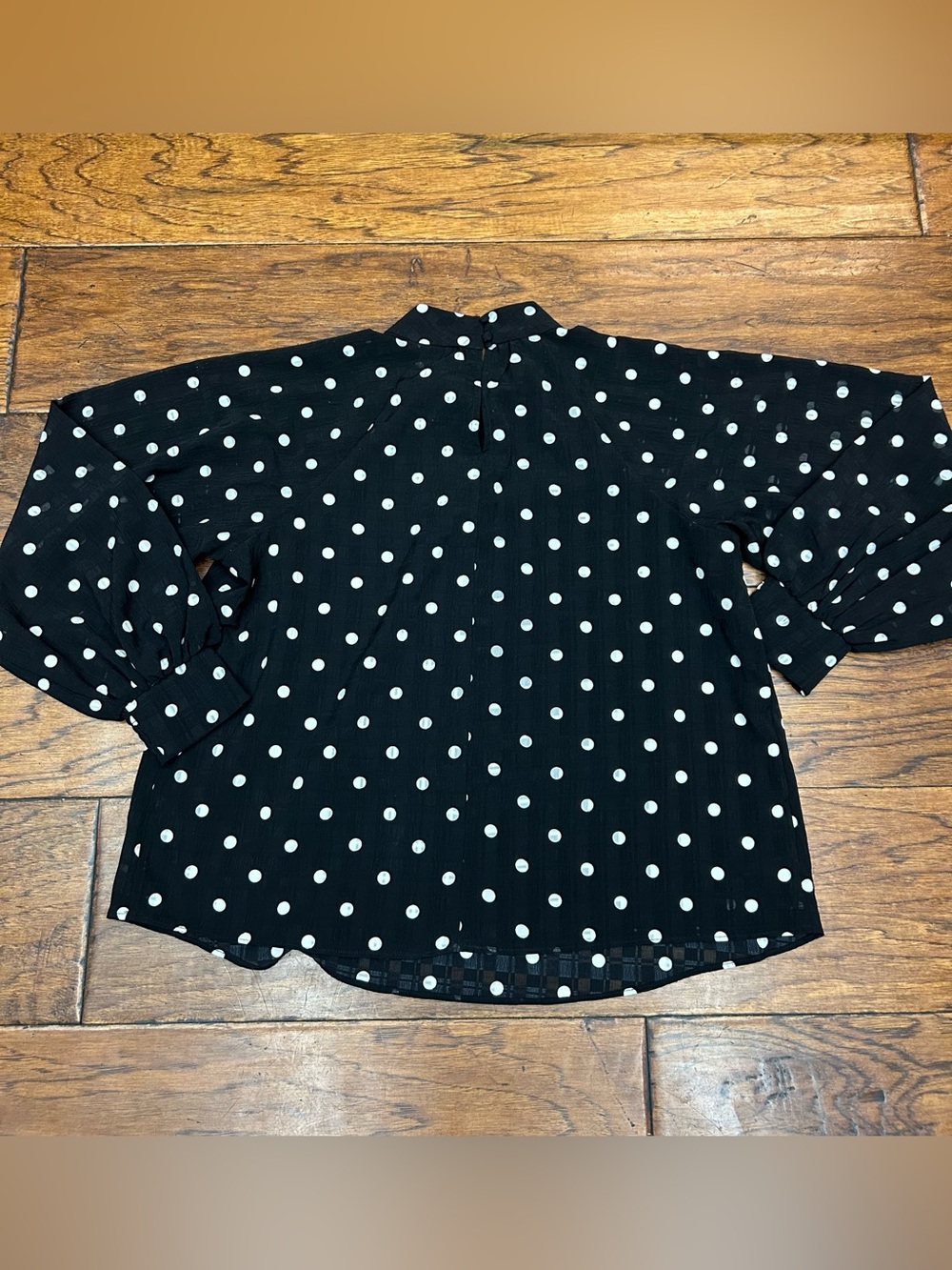 Nine West Black Polka Dot Mock-Neck Blouse with Smocked Cuffs - Picture 7 of 7